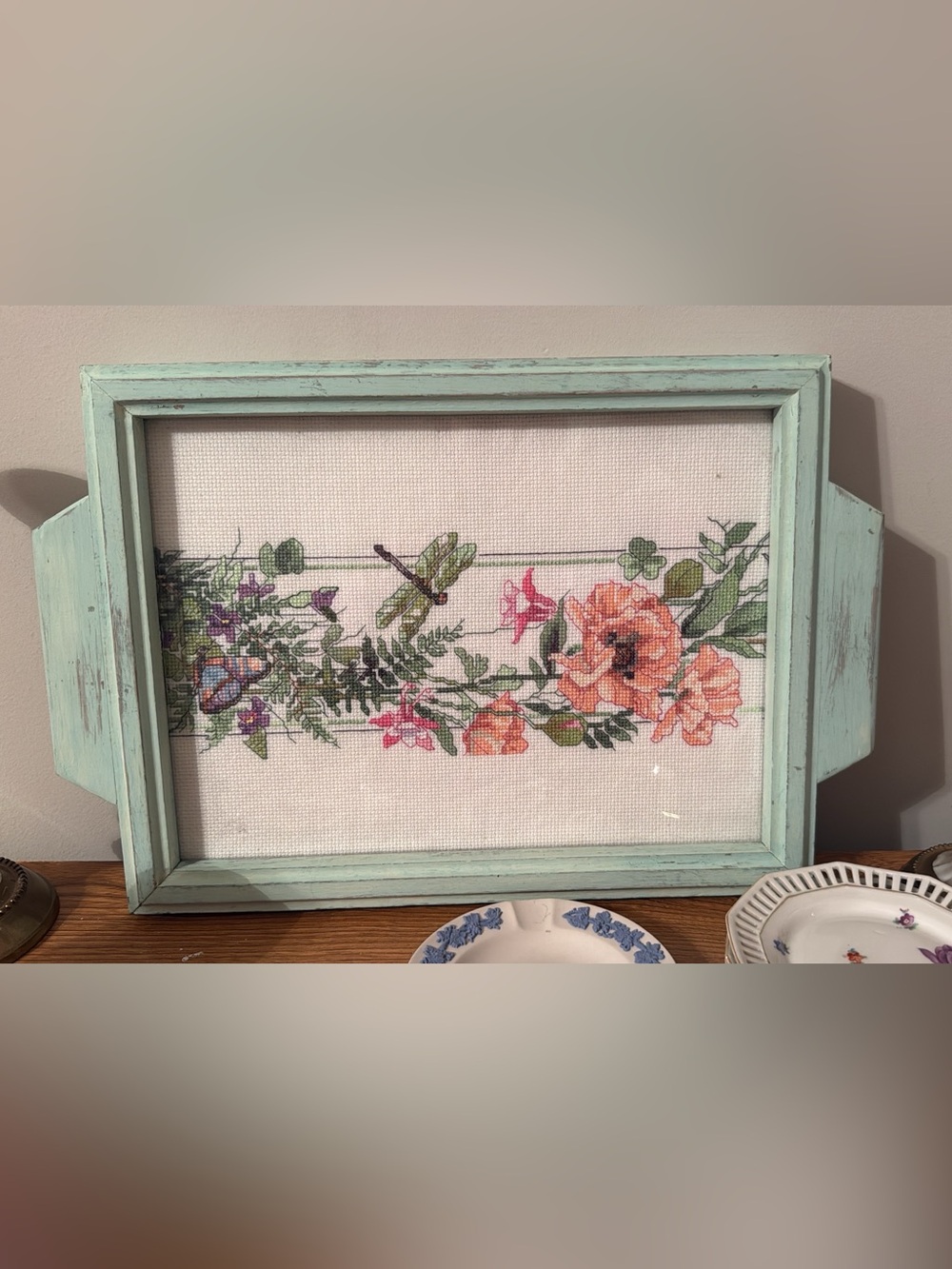 Vintage Framed Floral Cross-Stitch with Dragonfly - Peach and Green
